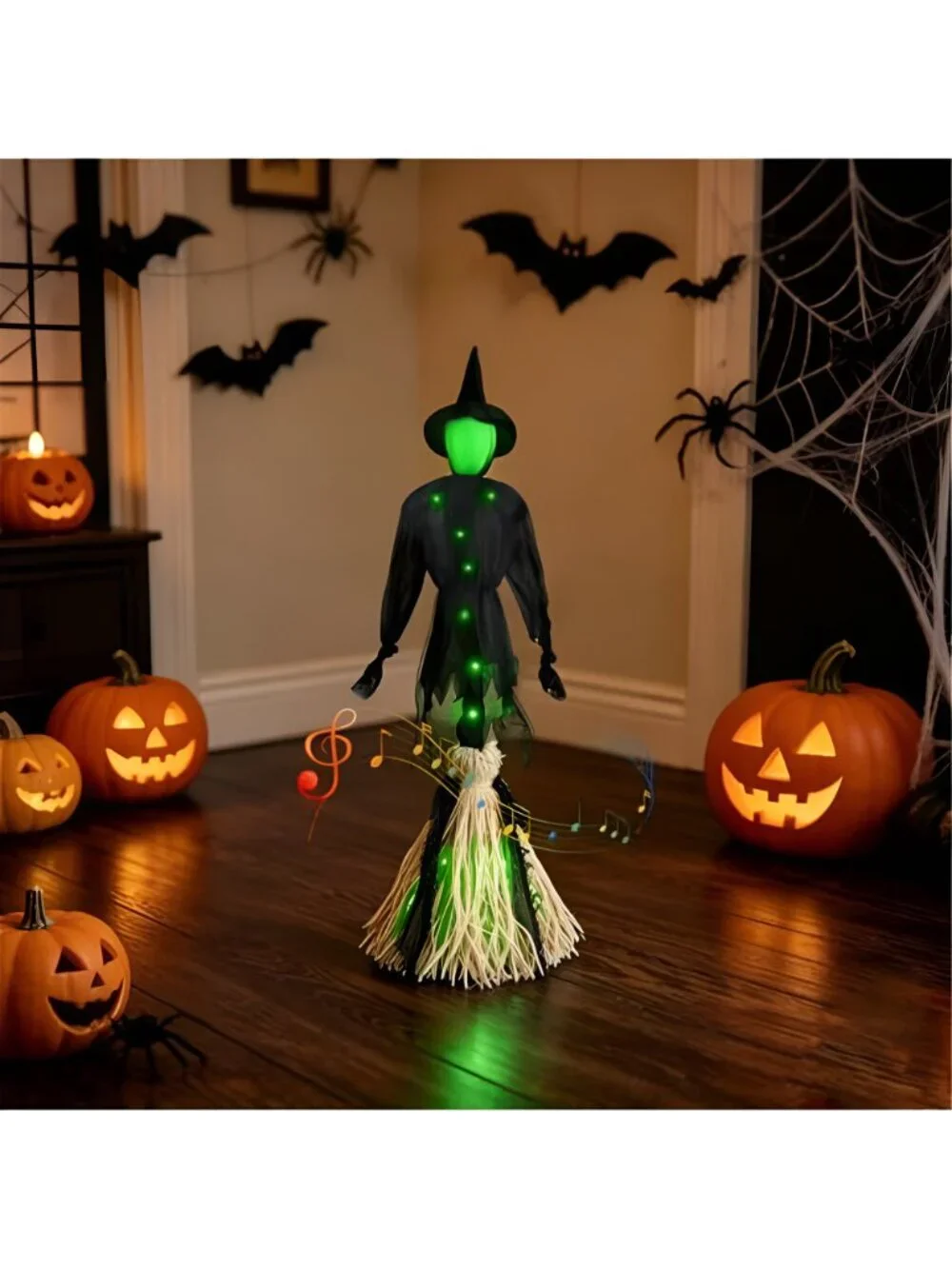 Electric Witch Broom, LED Witch Decoration, Voice and Touch Activated, Magical